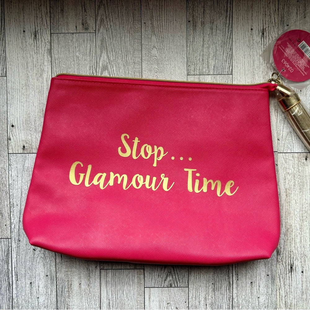 NEW Large Pink Cosmetic Bag Pouch "Stop....Glamour Time" with Gold Tassel